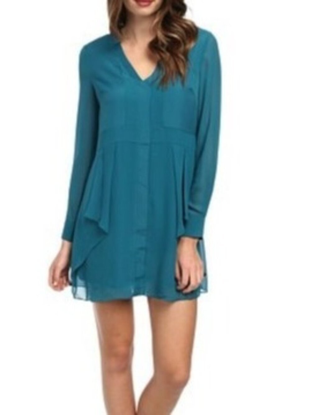BCBGeneration Flounce Front Long Sleeve Dress~Size XS~Green-Blue Chiffon L17 27